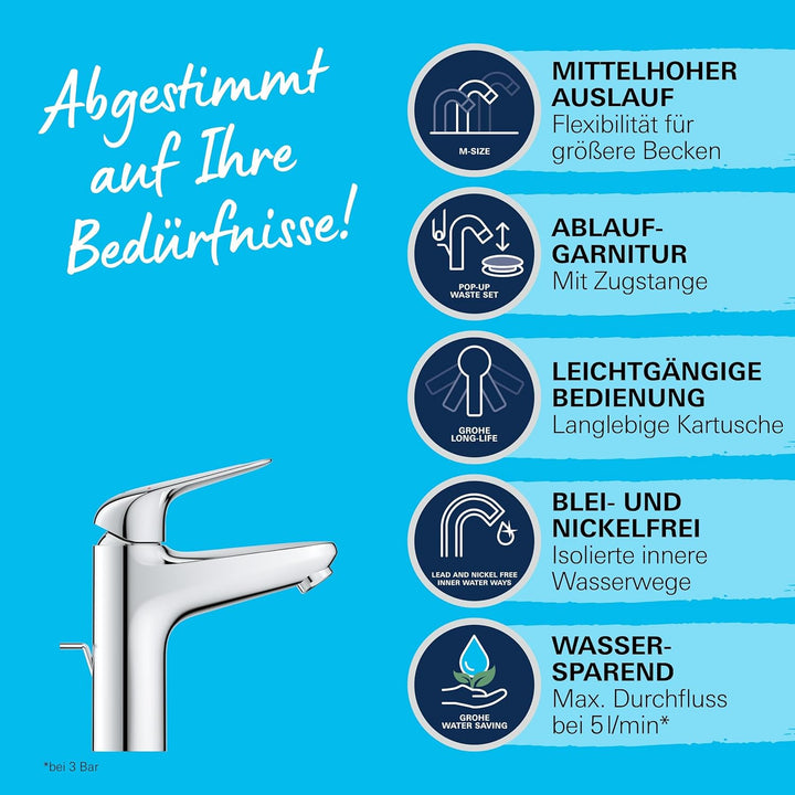 GROHE Swift - Waschtischarmatur (wassersparend, ~18cm hoch, inkl. Montagewerkzeug, Zugstange), chrom