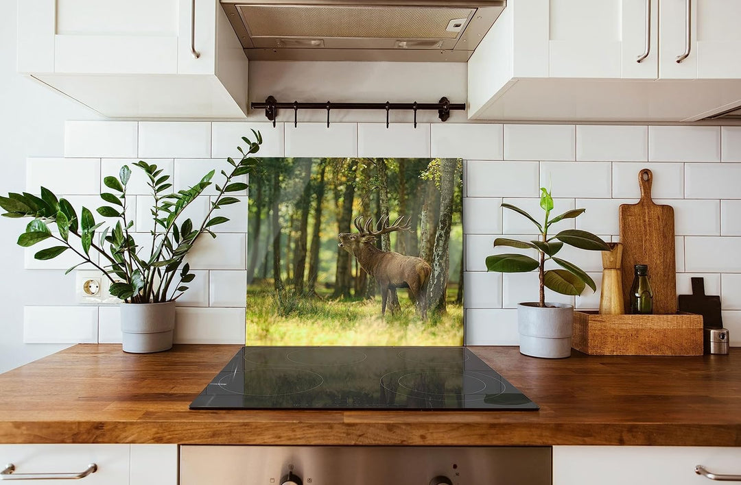 Hirsch im Wald Herdabdeckplatte & Spritzschutz aus Echtglas | Für Herd-Kochfelder | 60x52 cm