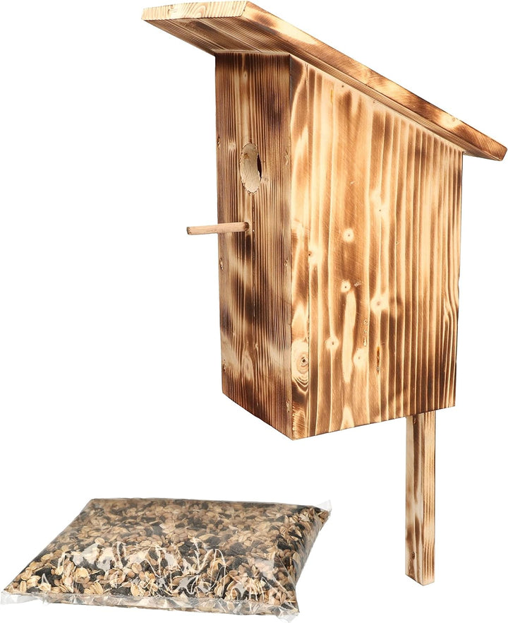 KOTARBAU® Nistkasten Vogelfutterkasten Vogelfutterhaus Vogelkasten aus Gebranntem Holz + Futter Grat