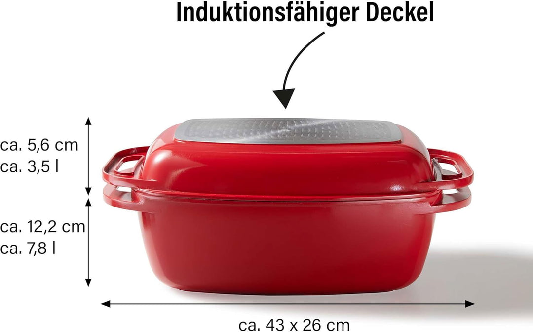 STONELINE Bräter Induktion 43 x 26 cm, 7,8 L, Bräter mit Deckel backofengeeignet, Deckel als Auflauf