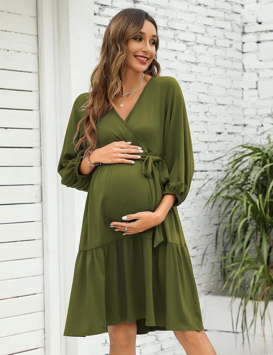 KOJOOIN Damen Umstandskleid V-Ausschnitt 3/4 Ärmel Stillkleid Rüschen Schwangerschafts Kleider mit G