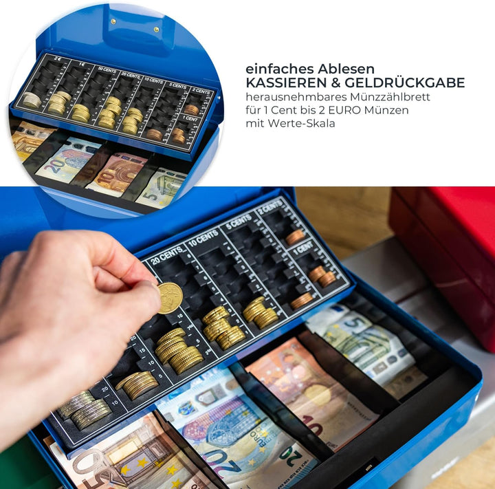 HMF 4215-05 Geldkassette abschliessbar mit Münzzählbrett | 30,5 x 24 x 8,5 cm | Blau, Blau