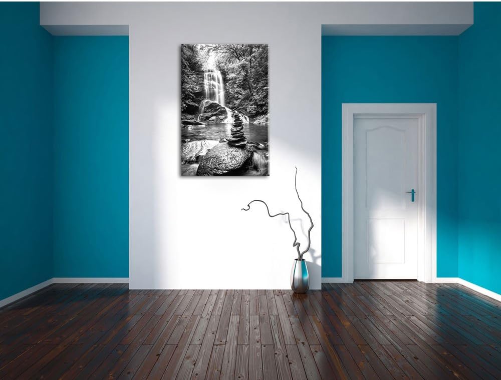 Pixxprint Zen Steine vor Wasserfall Kunst B&W, Format: 100x70 auf Leinwand, 100x70