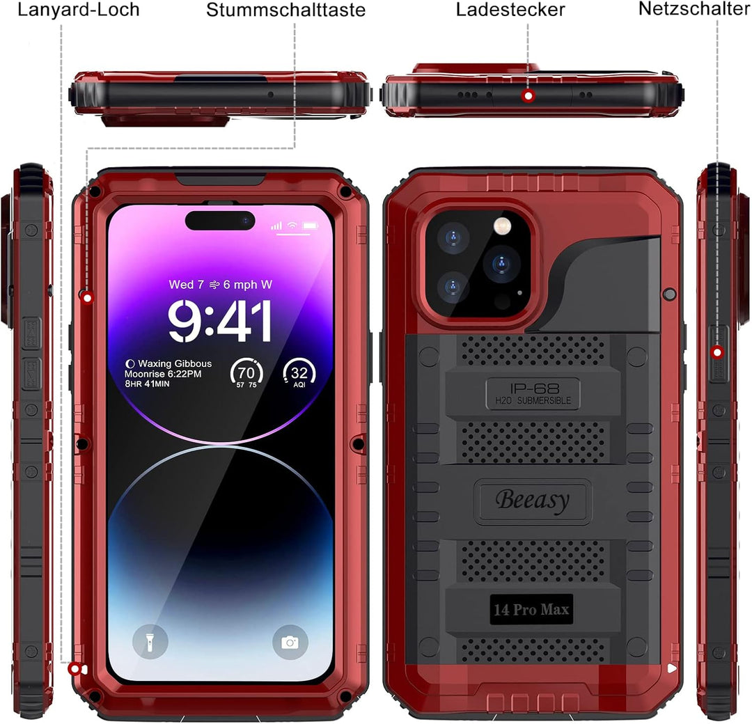 Beeasy für iPhone 14 PRO MAX Wasserdicht Outdoor Hülle (6,7"), Stossfest Panzerhülle Militär 360 Gra