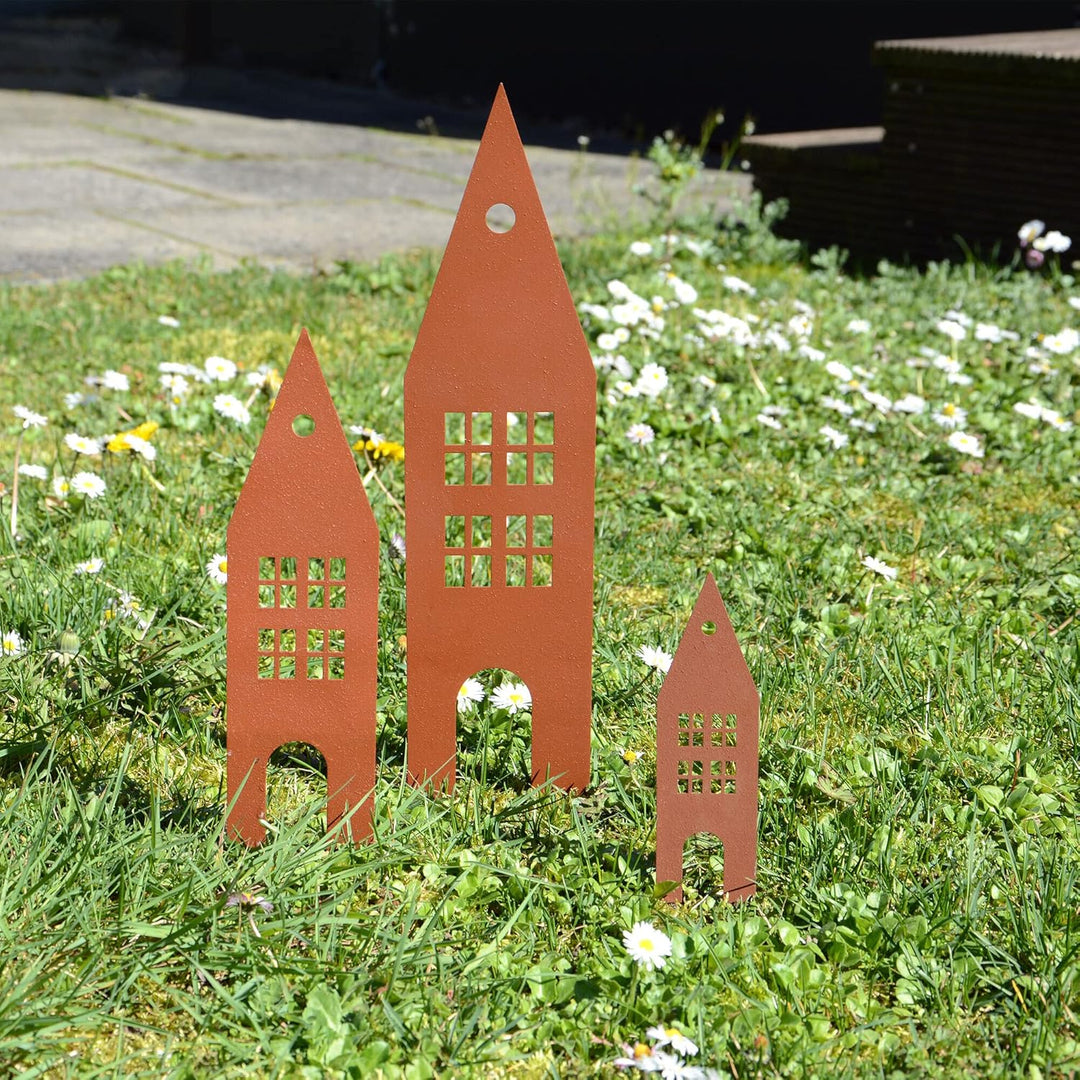 UNUS Garden Häuser Gartenstecker 3er Set, Gartendeko Rostoptik, Roststecker aus Edelrost Metall, Ros