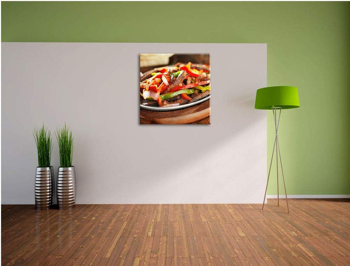 Fleischpfanne mit Paprika, Format: 70x70 auf Leinwand, XXL riesige Bilder fertig gerahmt mit Keilrah