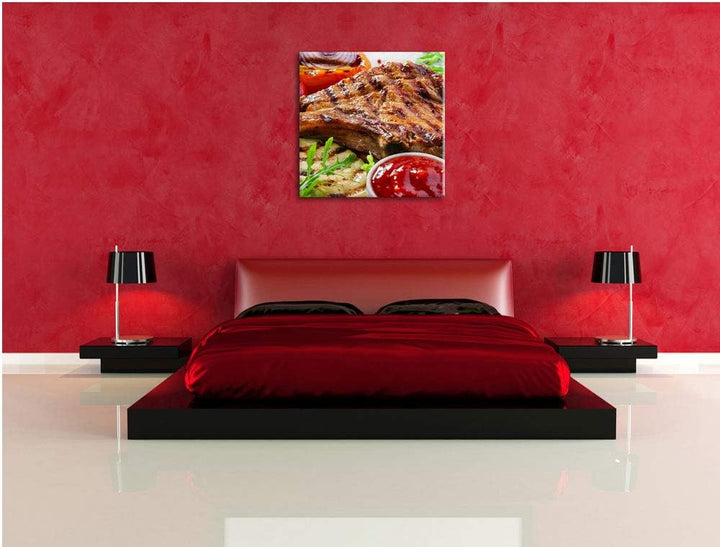 Gegrilltes Steak, Format: 70x70 auf Leinwand, XXL riesige Bilder fertig gerahmt mit Keilrahmen, Kuns