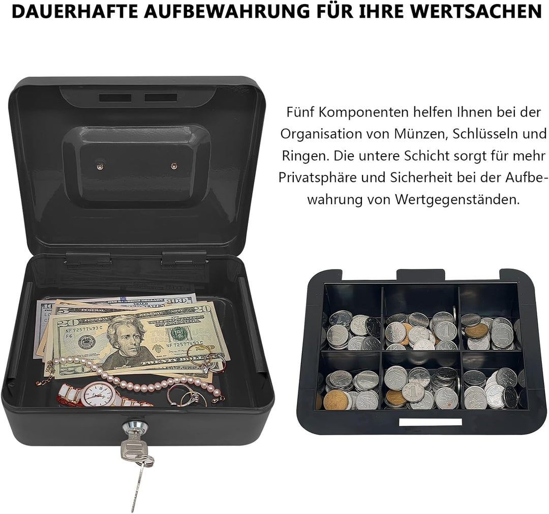 Stahlkassette mit Schlüsselschloss, Metall-Geldkassette mit Geldfach, Geldaufbewahrungsbox mit absch