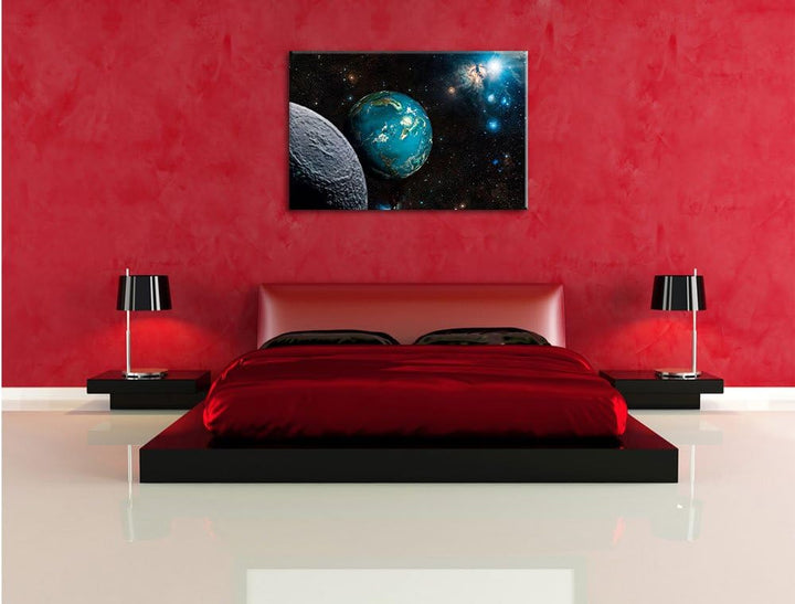 Planet Erde im Kosmos, Format: 100x70 auf Leinwand, XXL riesige Bilder fertig gerahmt mit Keilrahmen