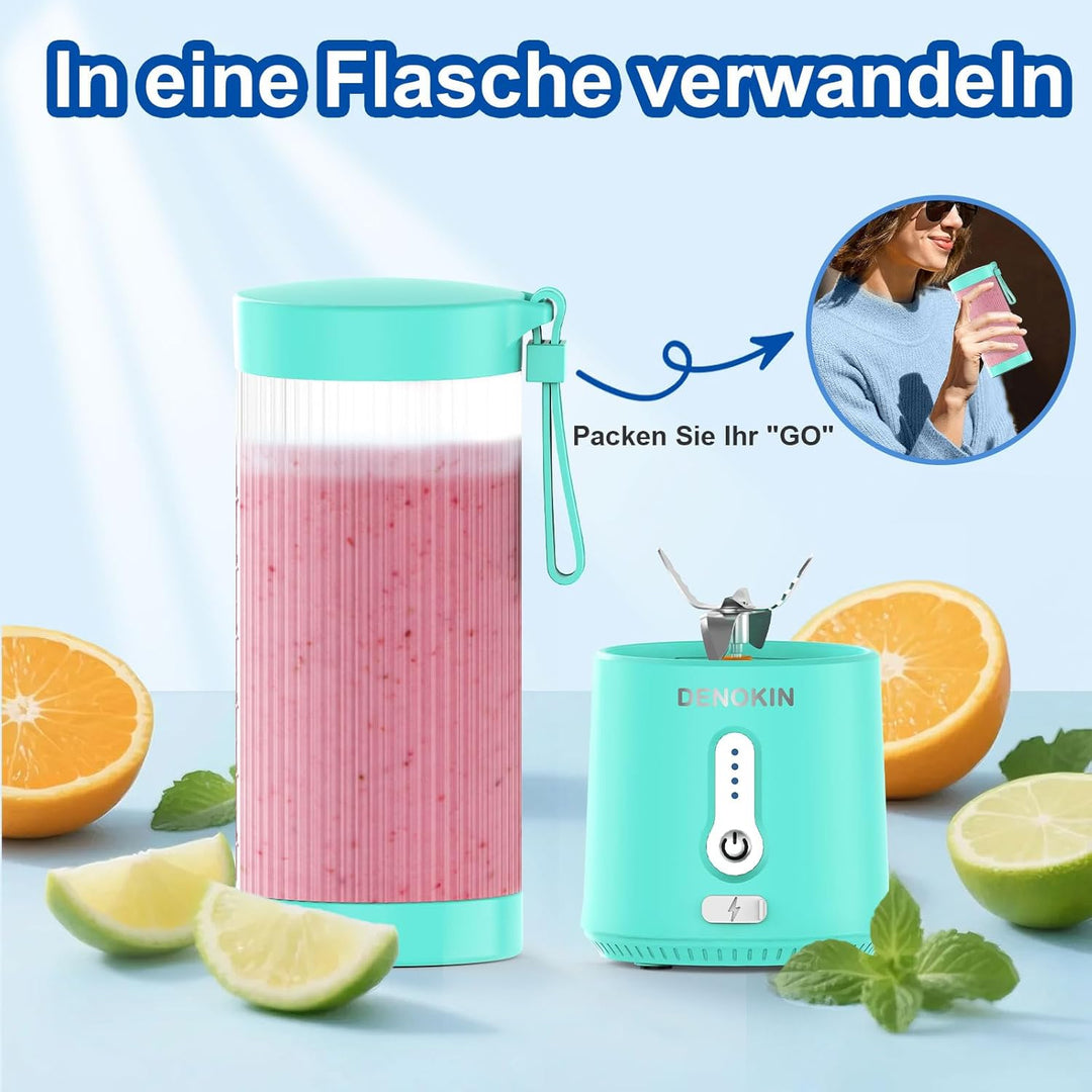 DENOKIN Tragbarer Mixer to Go/Blender/Smoothie Maker, 450ml Becher, Kabellos & USB-C Wiederaufladbar