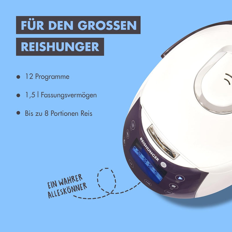 REISHUNGER Digitaler Reiskocher & Dampfgarer Weiss | 1,5 L bis 8 Personen | Warmhaltefunktion, Timer