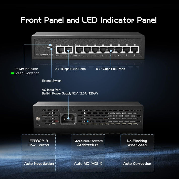 Binardat 10 Port Gigabit POE Switch, 8 POE+ Ports 1000Mbps, 2 Gigabit Uplink, IEEE802.3af/at, 120W I