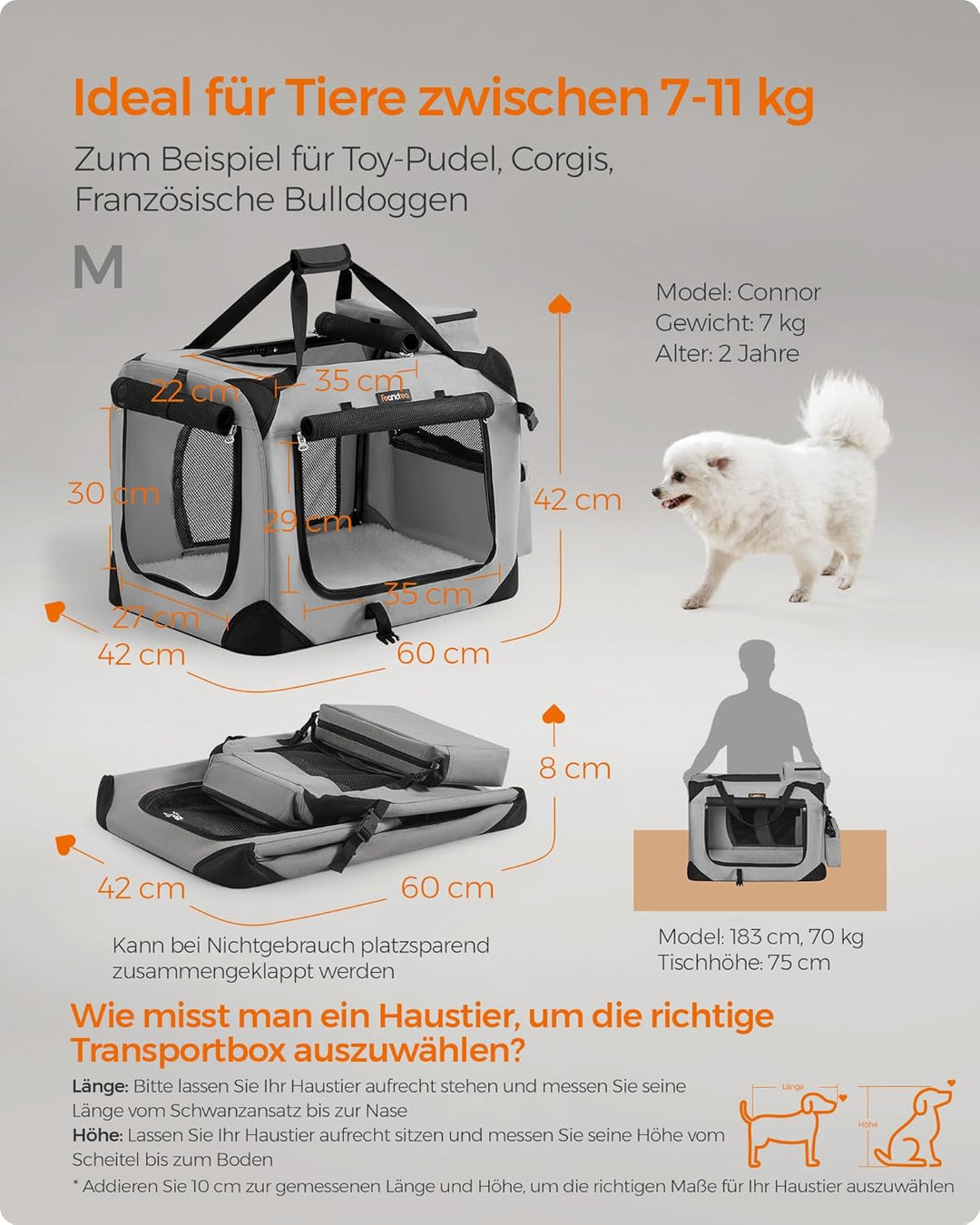 Feandrea Hundebox faltbar, Transportbox Hund, M, Hundetasche, Oxford-Gewebe, Netzstoff, atmungsaktiv