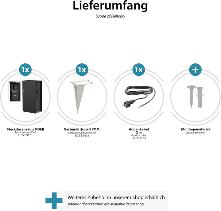 ledscom.de Garten-Steckdosensäule POMI mit Erdspiess und 2m Kabel für aussen, IP44, Smart Home, WLAN