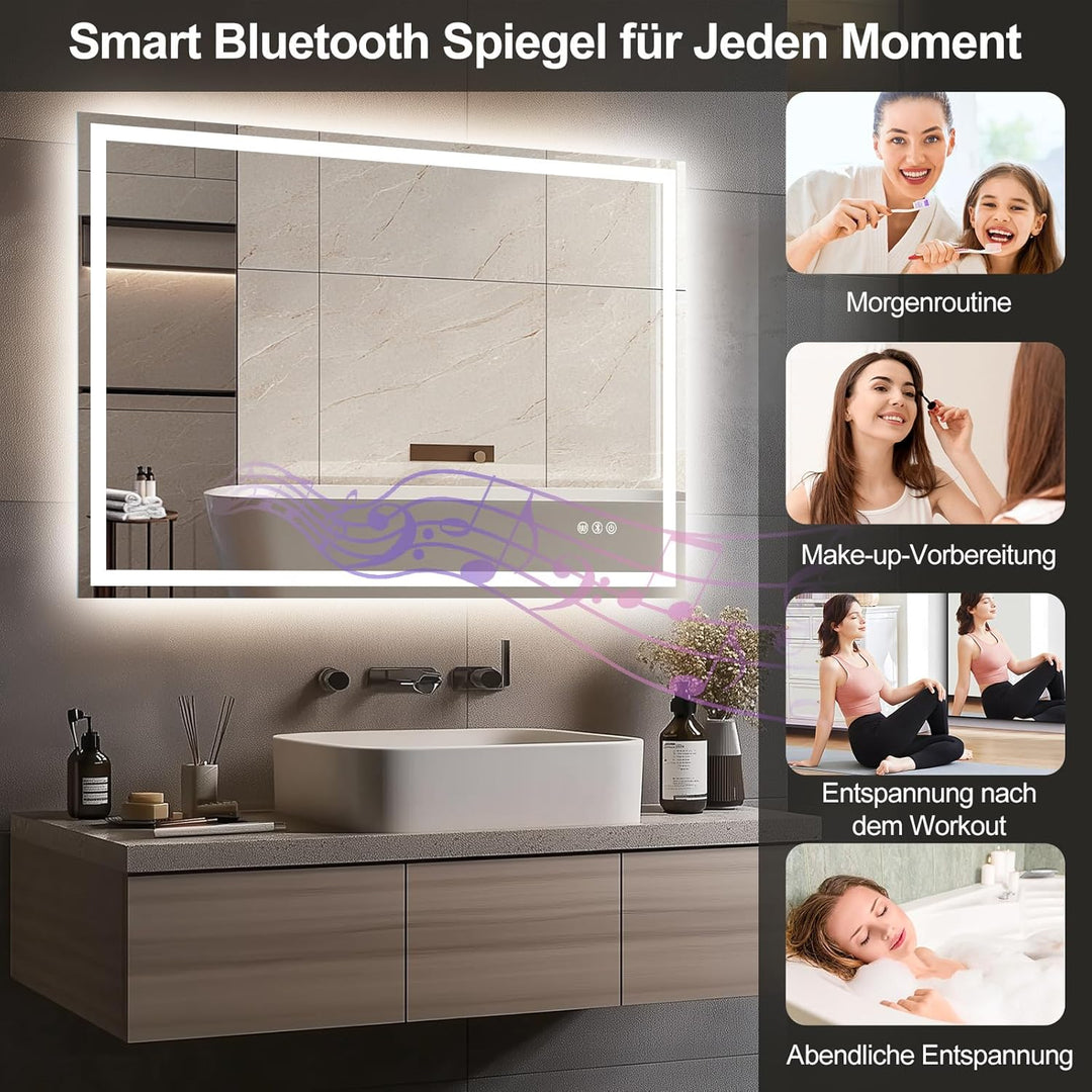 Trintion Badspiegel mit Beleuchtung 100x70cm, Wandspiegel mit LED-Beleuchtung, Entfoggen-Funktion, B