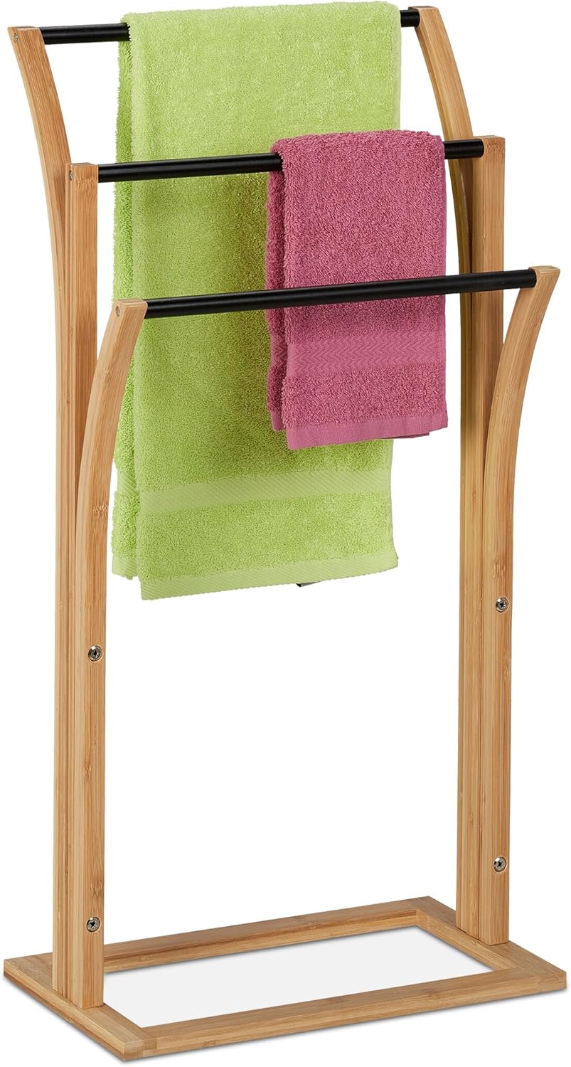 Relaxdays Handtuchhalter, Bambus, 3 versetzte Stangen, H x B x T: 82 x 42 x 24 cm, Handtuchständer B