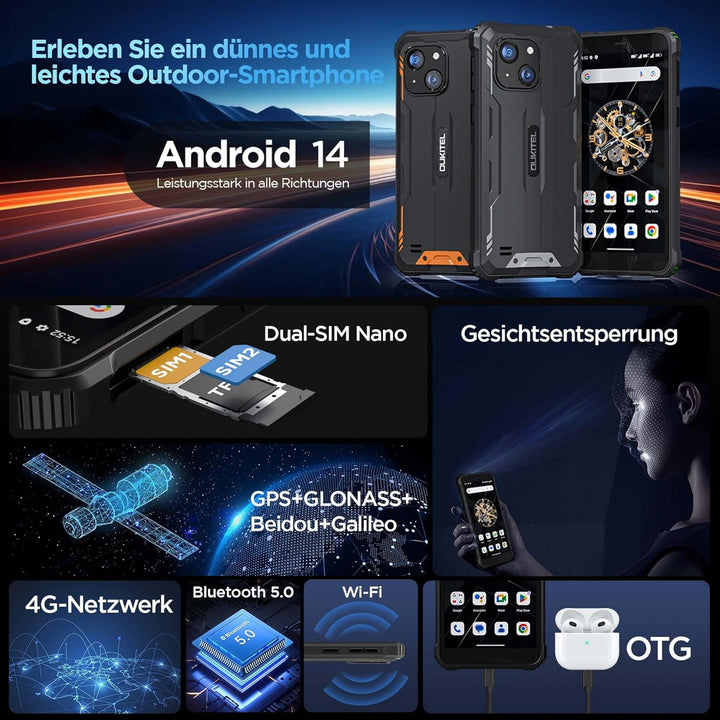OUKITEL G2 Outdoor Handy Ohne Vertrag, Android 14 Octa-Core günstig Smartphone, 6300mAh Akku, 6" HD+