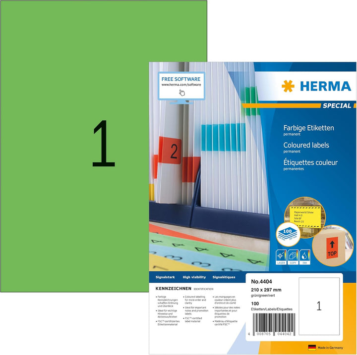 HERMA 4404 Farbige Etiketten grün, 100 Blatt, 210 x 297 mm, 1 Stück pro A4 Bogen, 100 Aufkleber, sel