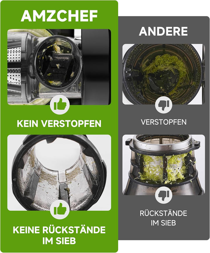 AMZCHEF Entsafter Gemüse und Obst Testsieger - Entsafter Slow Juicer mit Rückwärts-Kau-Funktion - Za