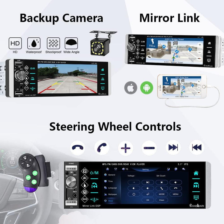 Podofo Autoradio 1 Din mit Apple CarPlay, Bluetooth, Android Auto, 5,1 Zoll IPS-Display Autoradio Un