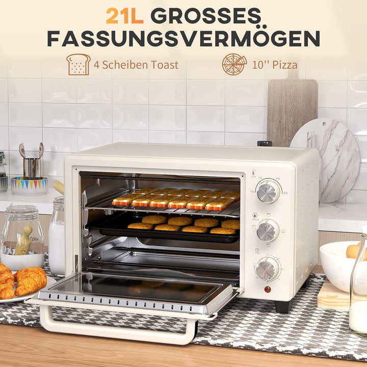 HOMCOM Mini Backofen 21L Pizza-Ofen, Miniofen inkl. Backblech, Grillrost und Krümmelblech, 1400W Tis