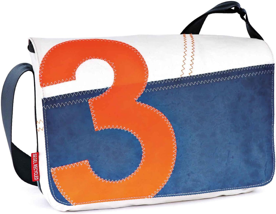 360° Barkasse-Mini Umhängetasche Weiss-blau - Zahl orange, Gurt blau, Segeltuchtasche