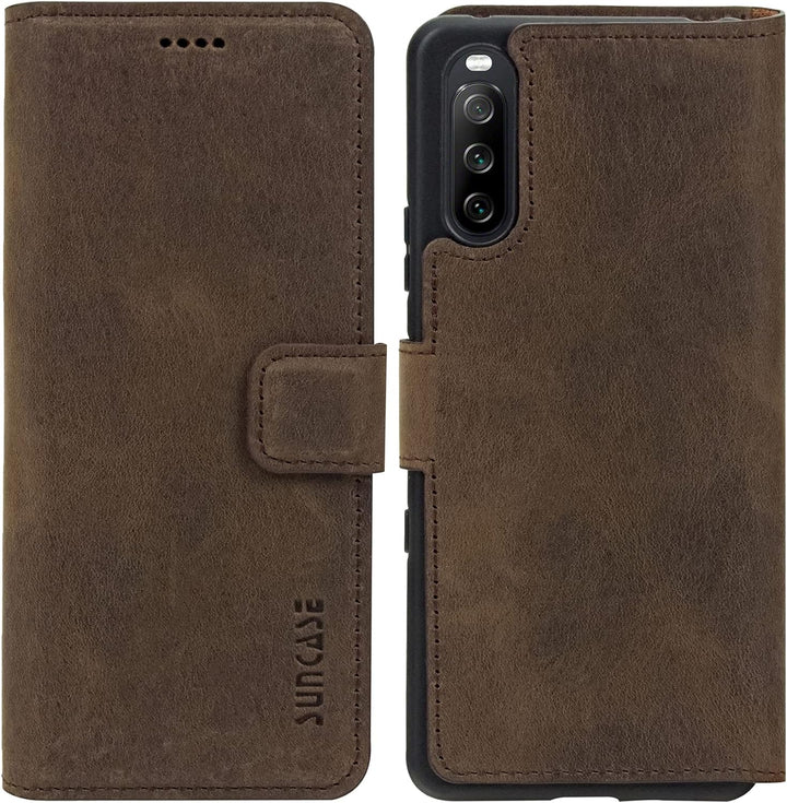 Suncase Book-Style Hülle kompatibel mit Sony Xperia 10 III 3 (2021) Leder Tasche (Slim-Fit) Lederhül