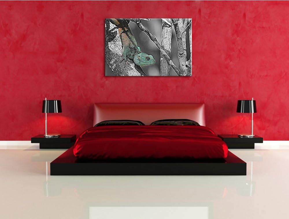 prächtiger Agama auf Baumast schwarz/weiss Deluxe Format: 100x70 cm auf Leinwand, XXL riesige Bilder