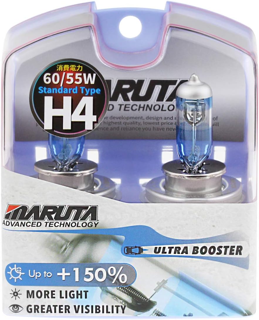 MARUTA ULTRA BOOSTER H4 60/55W +150% Helligkeit, Halogenlampe für Scheinwerfer, Abblendlicht, Fernli