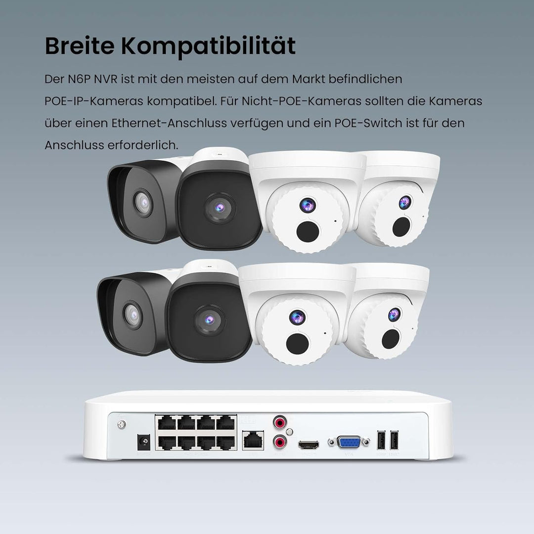 Tenda NVR Überwachungssystem Rekorder 4K, 8CH PoE NVR Recorder, 250m Langstreckenübertragung, H.265+