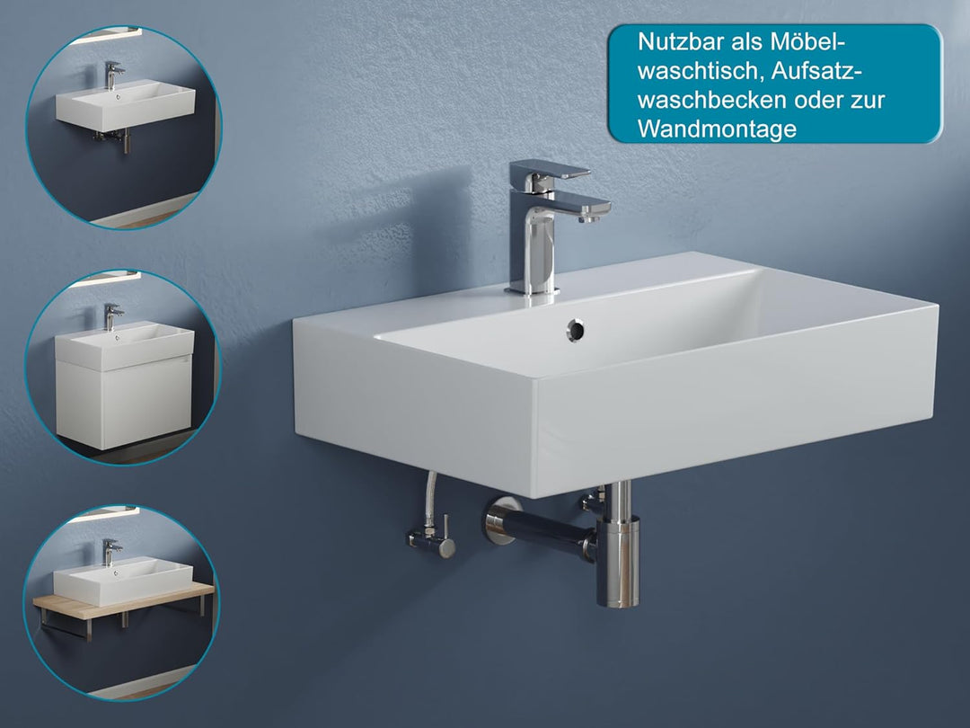 Aqua Bagno | Eckiges Design Handwaschbecken, hochwertige Keramik, modern & stilvoll durch dünnen Ran