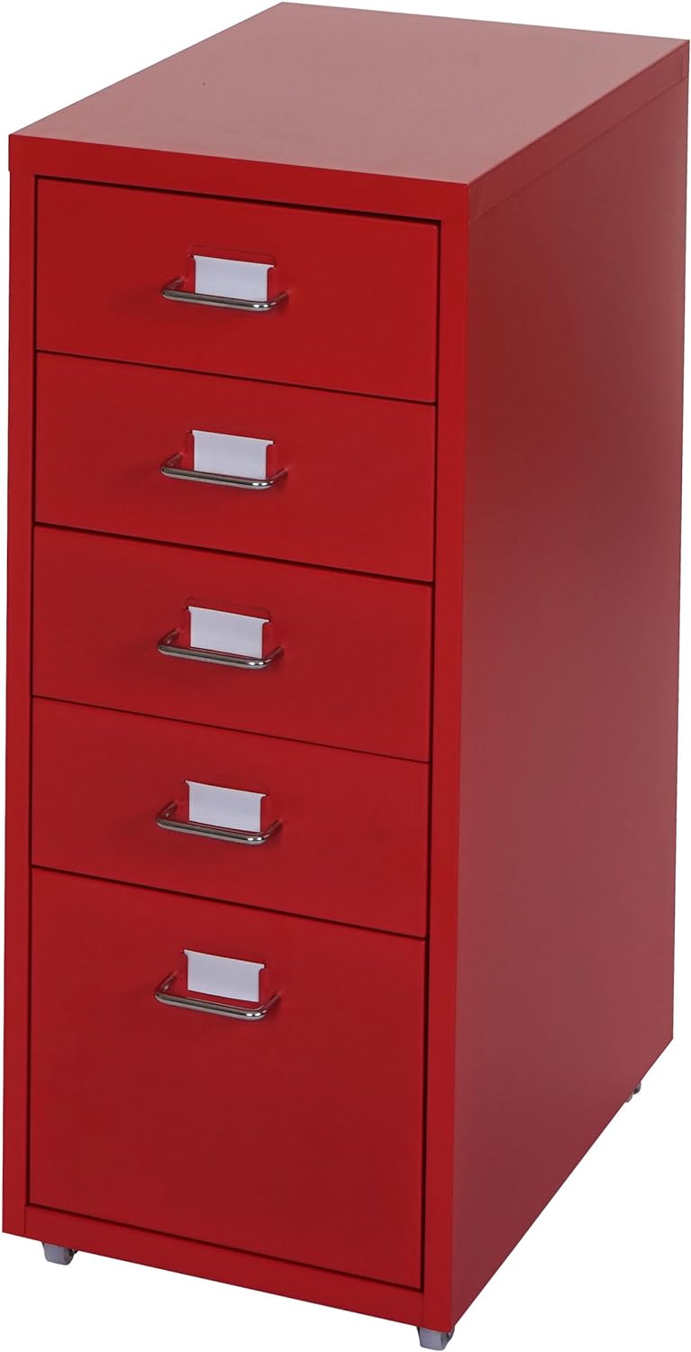 Mendler Rollcontainer Boston T851, Schubladenschrank Stahlschrank, 69x28x41cm 5 Schubladen - rot, Ro