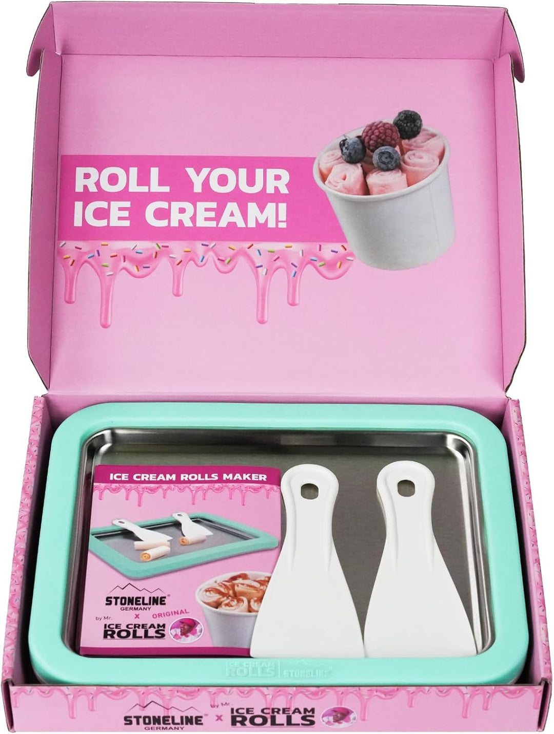 STONELINE by Mr. Ice Cream Rolls ORIGINAL Ice Cream Rolls Maker Eisplatte Mint 26x21x3,5 cm mit 2 Sp
