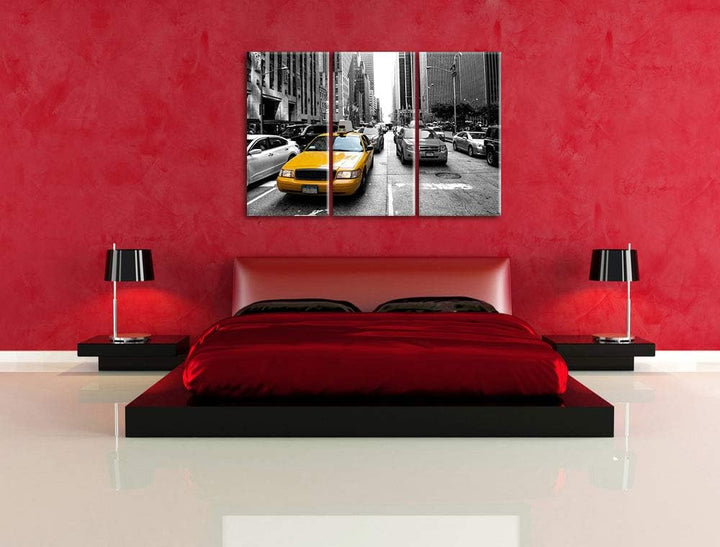 Gelbes Taxi in New York schwarz/weiss 3-Teiler Leinwandbild 120x80 Bild auf Leinwand, XXL riesige Bi