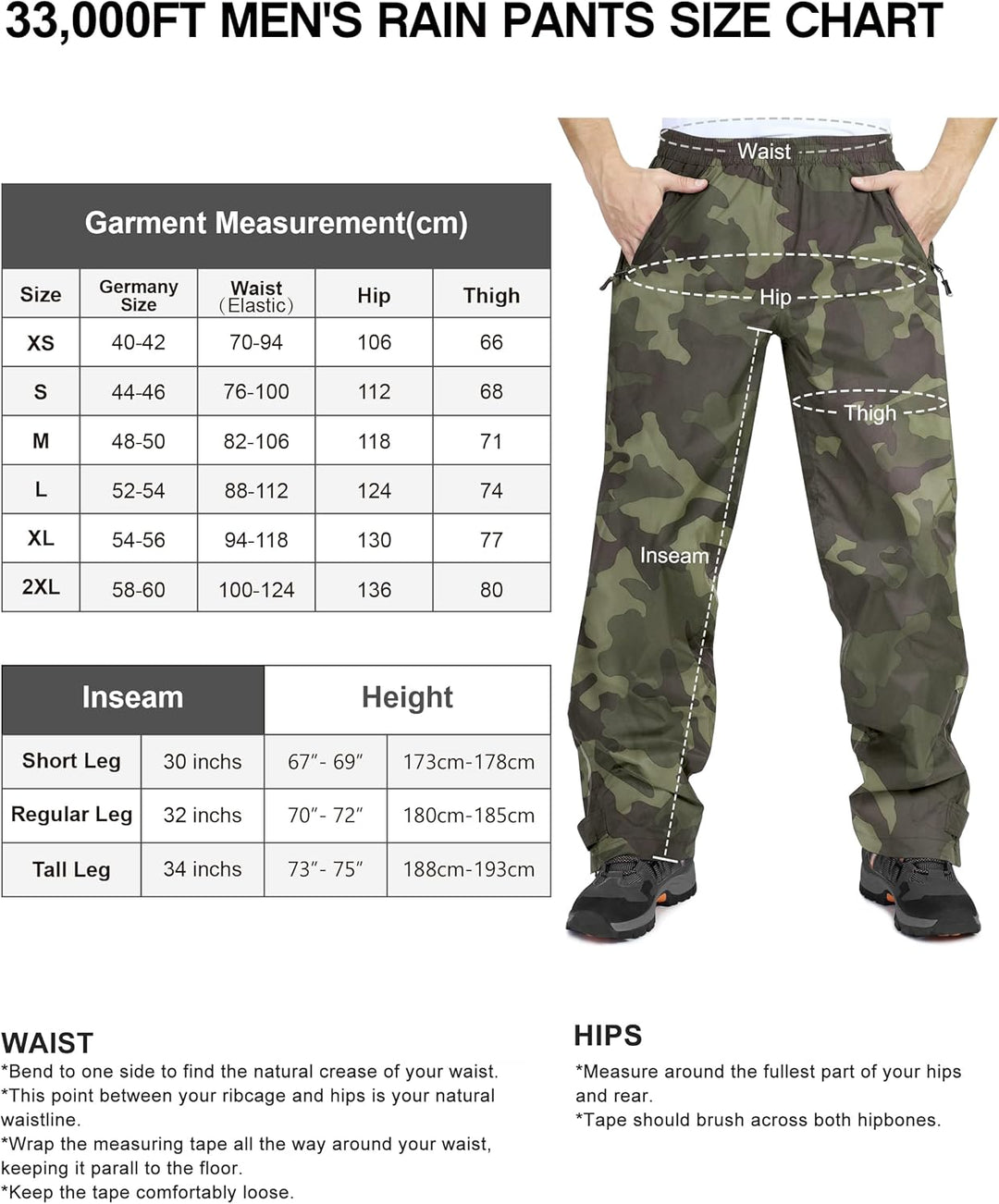 33,000ft wasserdichte Regenhose für Herren Leichte Regenhose Winddichte Outdoorhose zum Wandern Camp