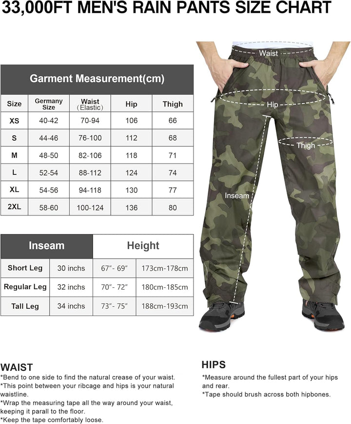 33,000ft wasserdichte Regenhose für Herren Leichte Regenhose Winddichte Outdoorhose zum Wandern Camp