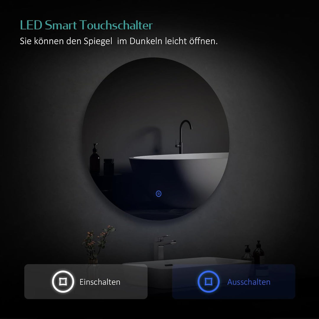 EMKE Badspiegel mit Beleuchtung 60 cm Durchmesser mit dimmbar kaltes weisses Licht 6500K, Speicherfu