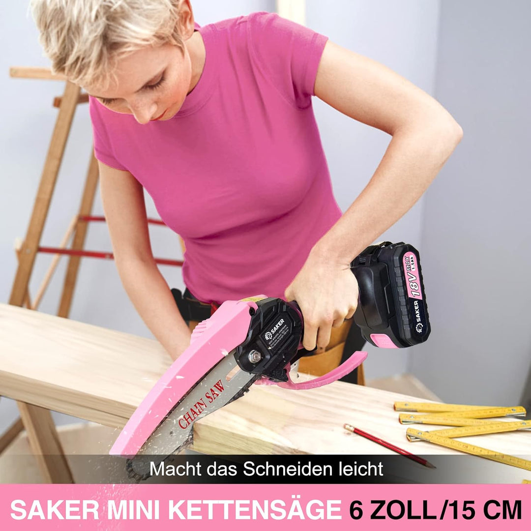 Saker Mini Kettensäge mit 2 Akkus 6 Zoll, Rosa kabellose kettensäge elektrisch mit 3 Ketten, 15 cm m