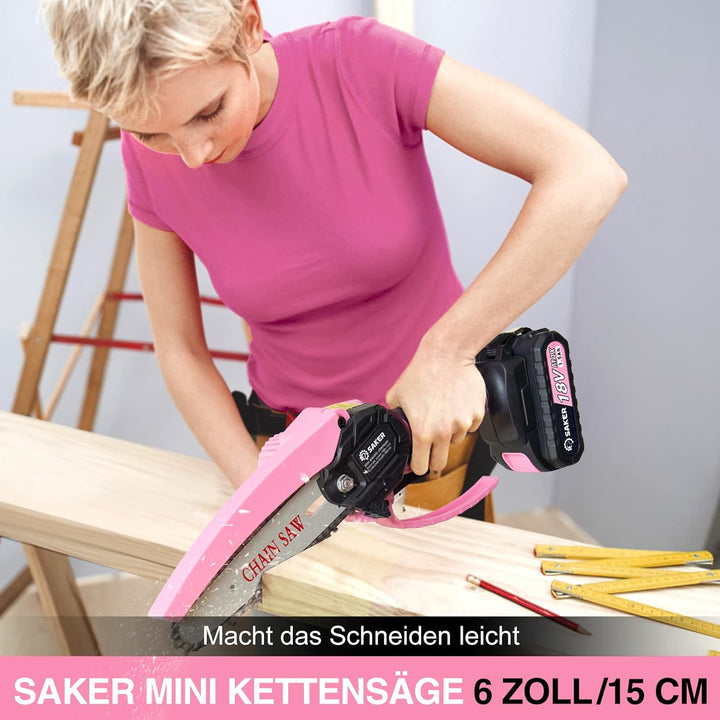 Saker Mini Kettensäge mit 2 Akkus 6 Zoll, Rosa kabellose kettensäge elektrisch mit 3 Ketten, 15 cm m
