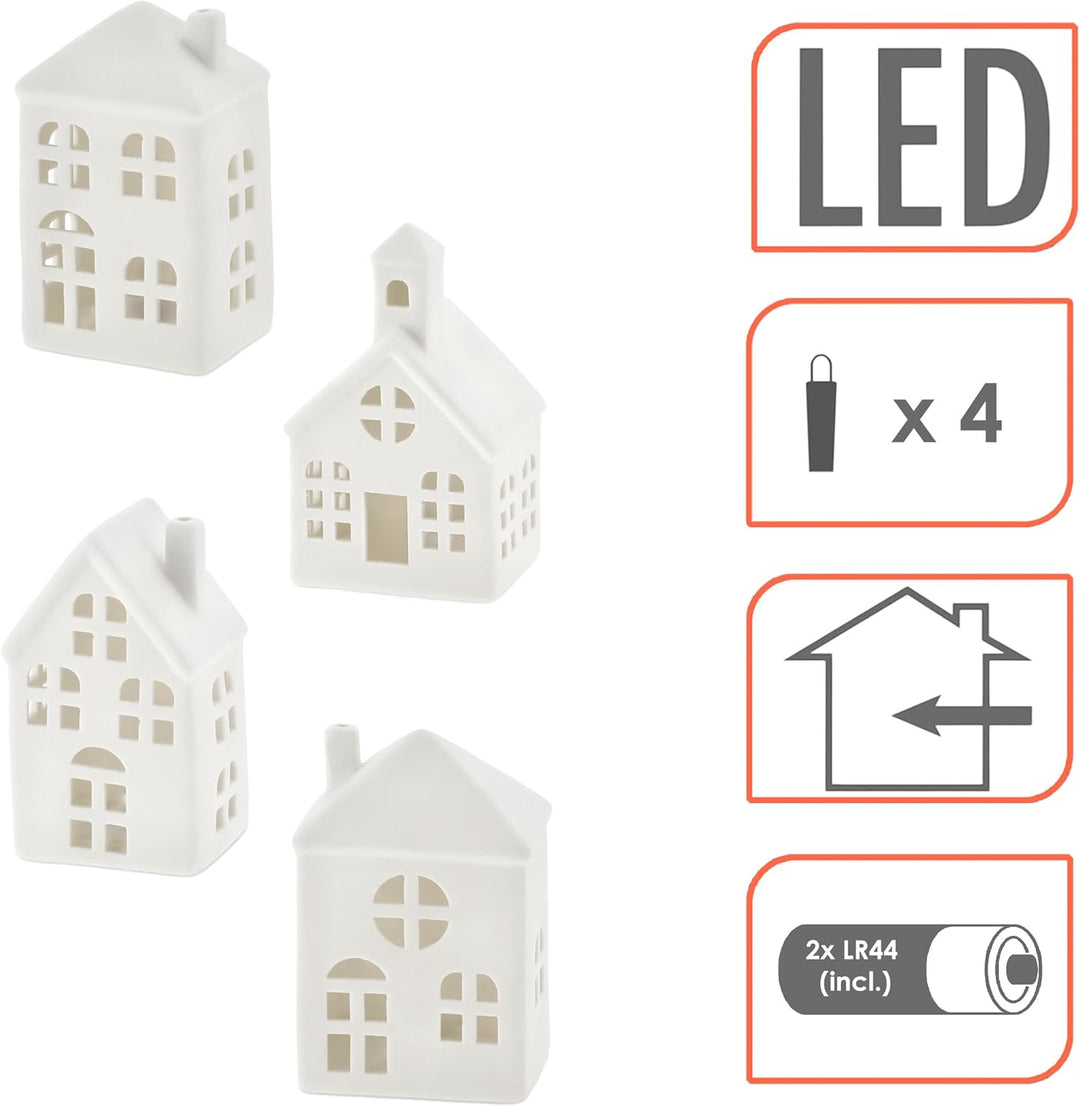 LED Keramik Haus weiss 11 cm - 4er Set - Deko Weihnachtsdorf mit Beleuchtung in warm weiss - Weihnac