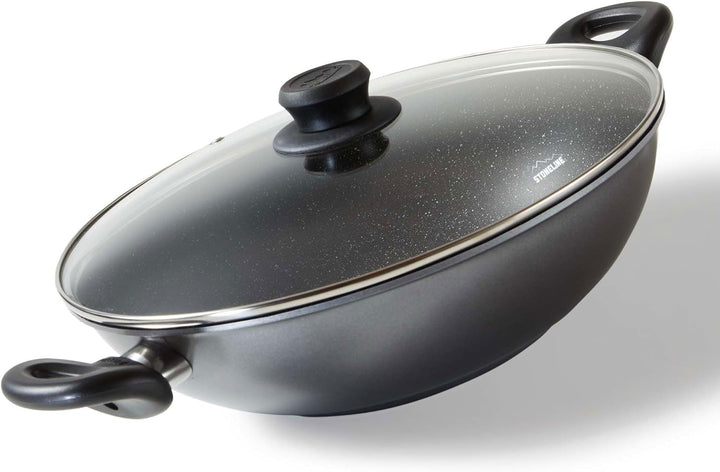 Stoneline Wok 28cm, mit Deckel, Aluguss, Wok Pfanne beschichtet mit echten Steinpartikeln, grau, ohn