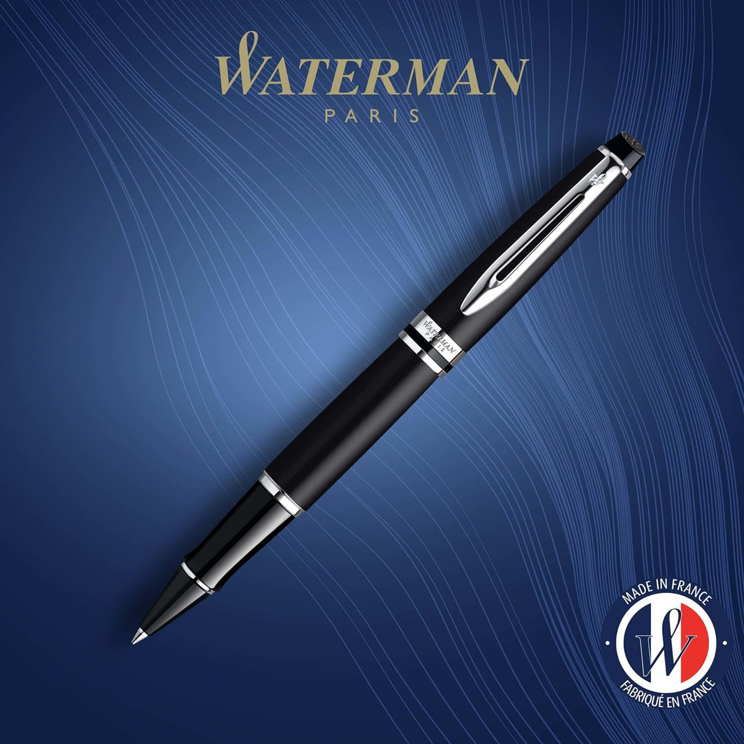 Waterman Expert Tintenroller | Mattschwarz | Chromzierteile| feine Spitze | Schwarz | Geschenkbox Ma