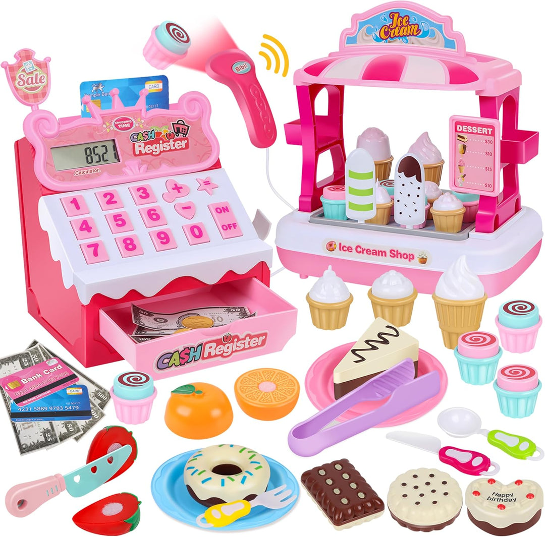 Charmofun Kasse Spielzeug mit Eisdiele für Kinder - inkl. 48 Zubehör (15 Eiscreme, 5 Kuchen, 7 Beste