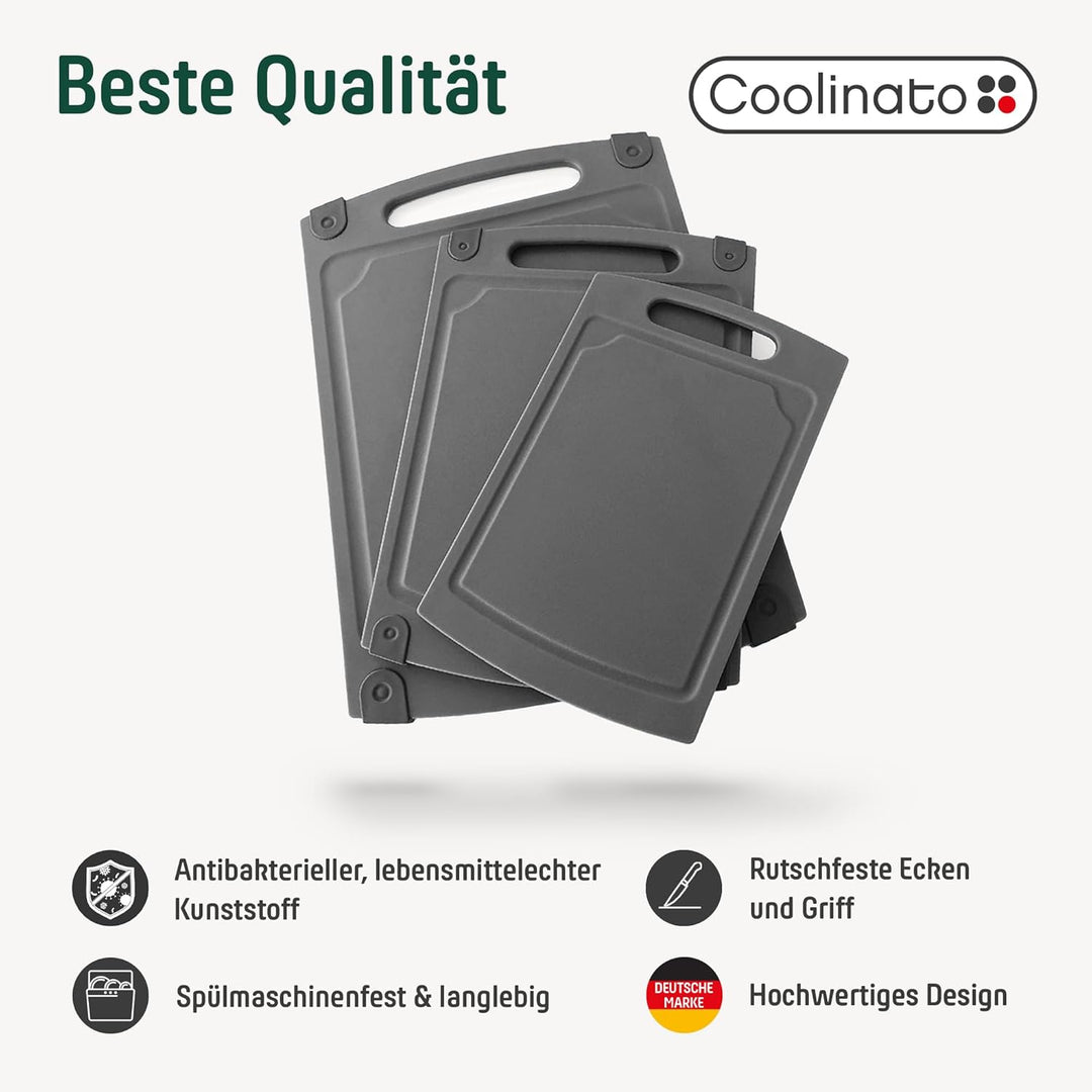 Coolinato Schneidebrett 3er Set in unterschiedlicher Grösse mit Saftrille - Antibakterielle Schneidb