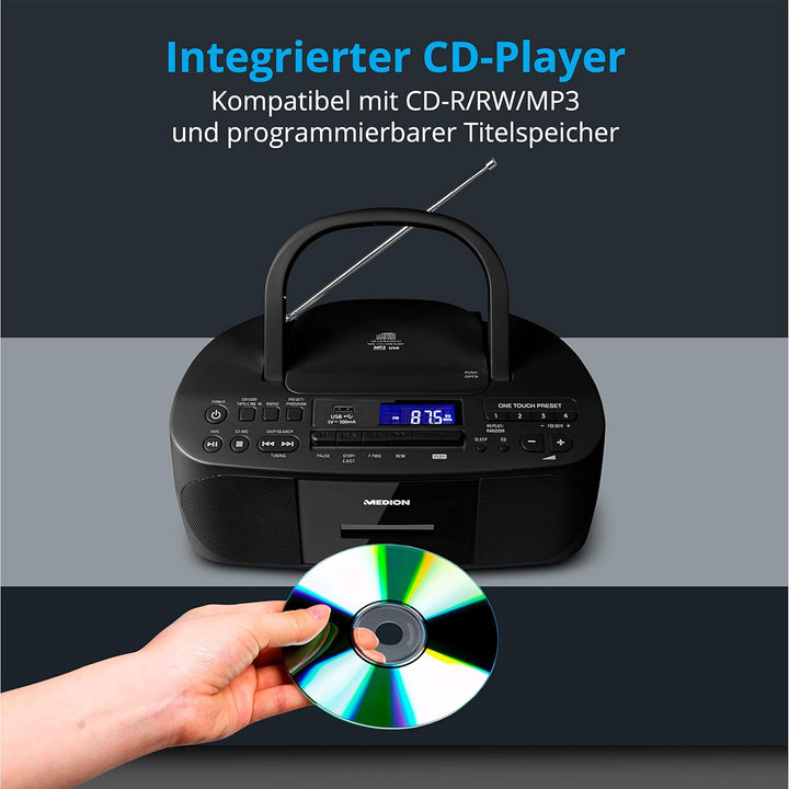 MEDION E65010 Stereoradio (CD-Player, Kassette, USB Anschluss, AUX Audioeingang, MP3-Widergabe. UKW