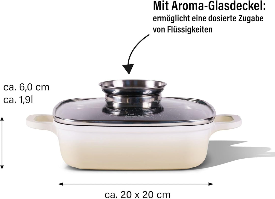 STONELINE Eckpfanne, 20x20 cm, mit Aroma Glasdeckel, Servierpfanne, Induktion, Aluguss, antihaft bes