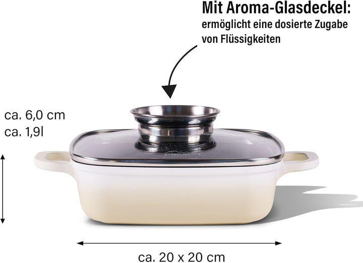 STONELINE Eckpfanne, 20x20 cm, mit Aroma Glasdeckel, Servierpfanne, Induktion, Aluguss, antihaft bes