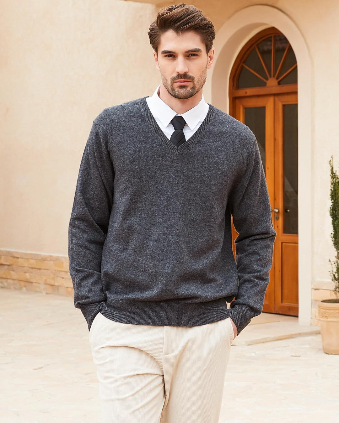Kallspin Herren Strickpullover aus Wollmischung V-Ausschnitt Langarm Comfort Fit Pullover 4XL Grau,