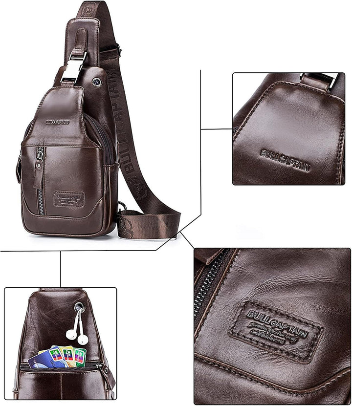 LOONGYOON Herrenbrusttasche aus Leder Umhängetasche mit Kopfhöreröffnung Studie über Sportreisen Mul