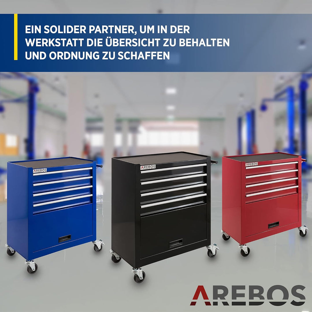 Arebos Werkstattwagen 4 Fächer + grosses Fach für Werkzeug | inkl. Antirutschmatten |kugelgelagerte